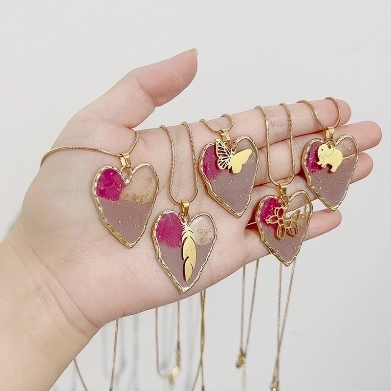 Fashion Animal Heart Shape Butterfly Stainless Steel Epoxy Pendant Necklace 1 Piece