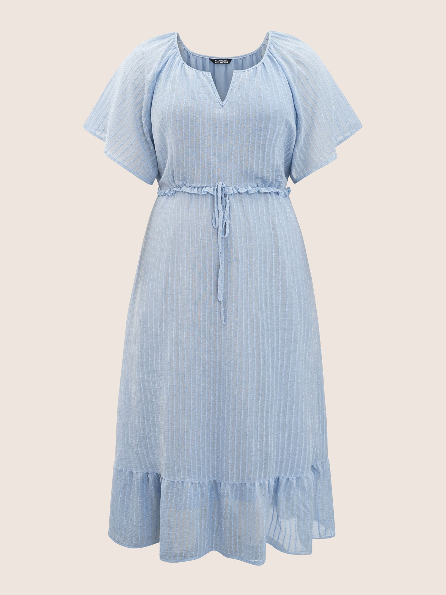 Solid Striped Notched Ties Up Pocket Flutter Maxi Dress