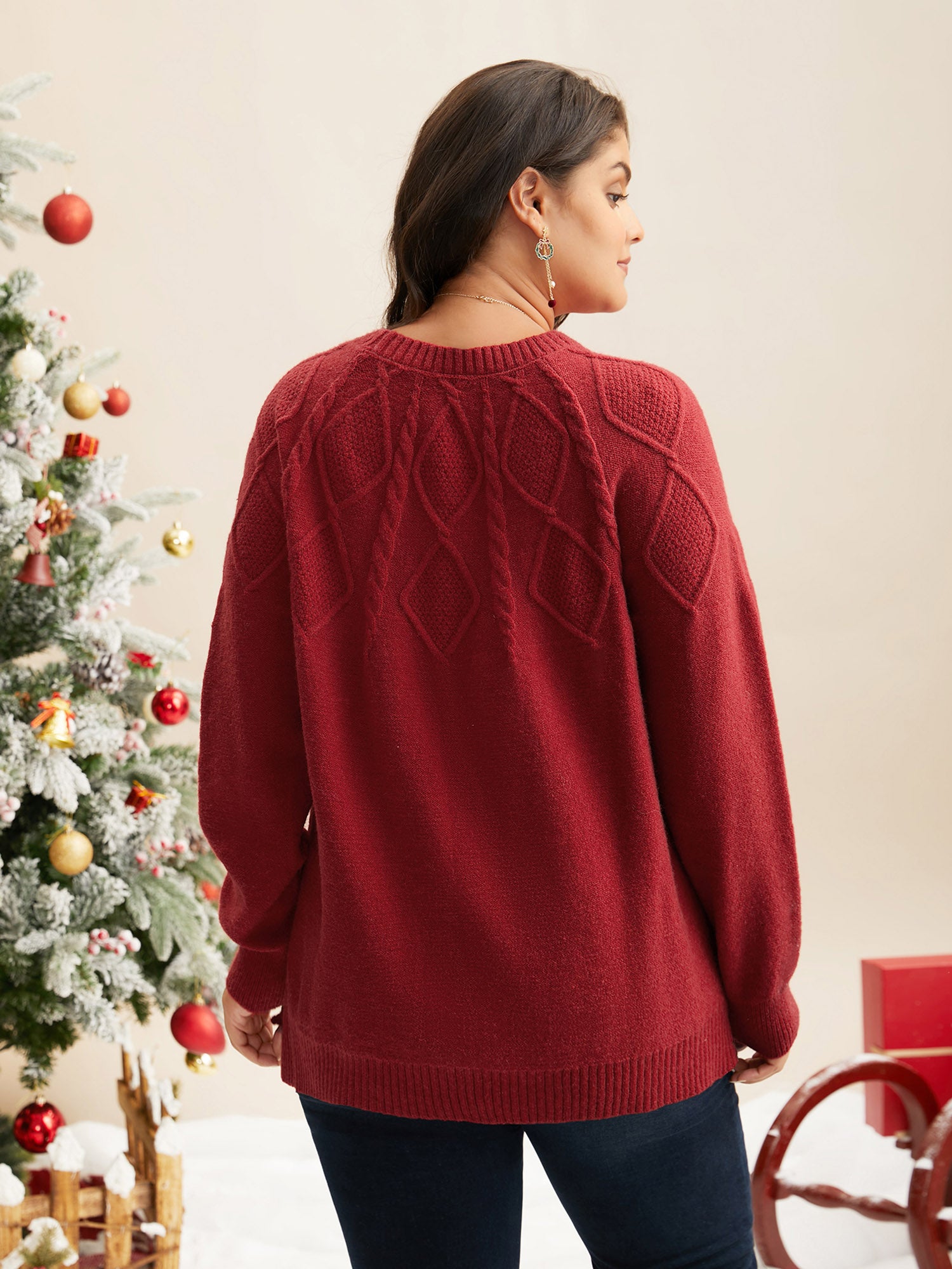 Cable Knit Bodice Crew-Neck Pullover