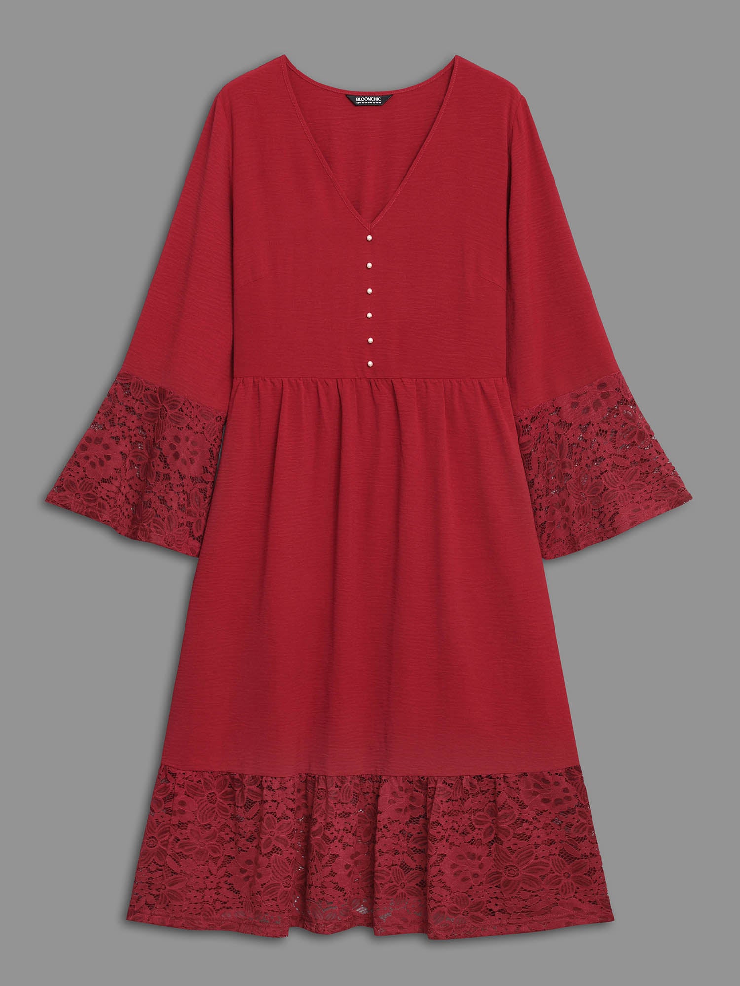 Lace Tiered Skirt Elastic Waist V-Neck Dress