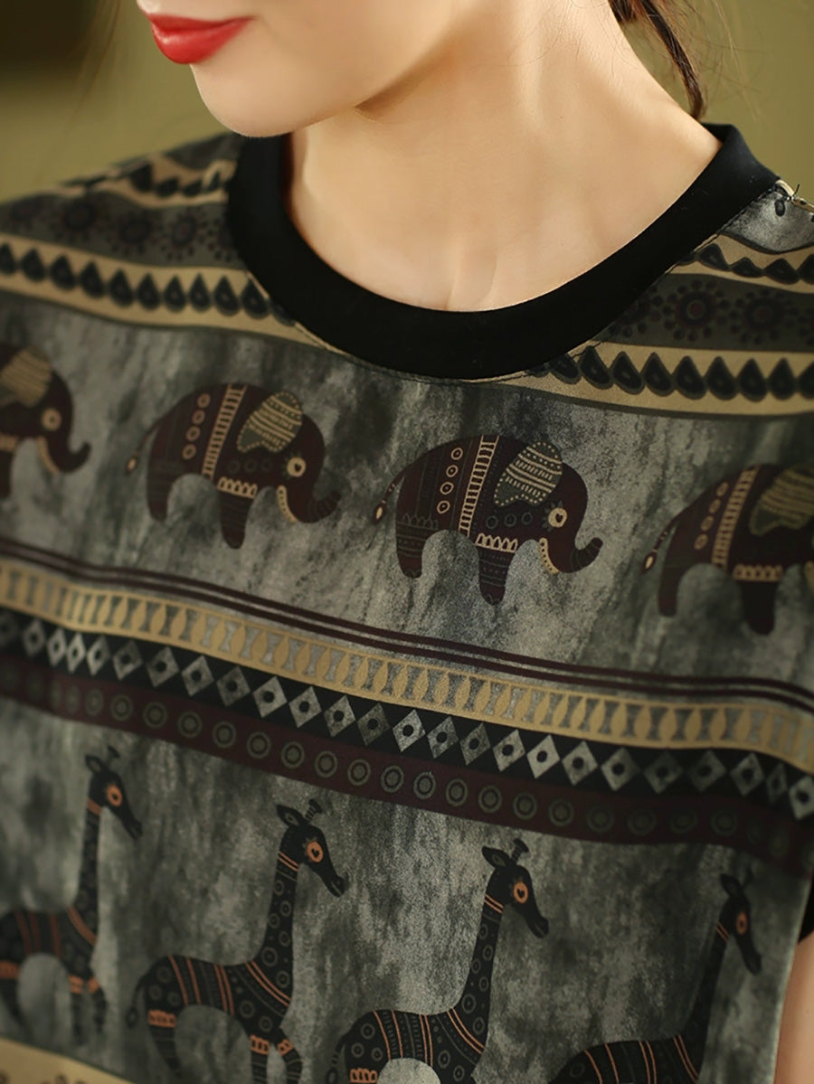 Women Summer Vintage Elephant Giraffe O-Neck Shirt