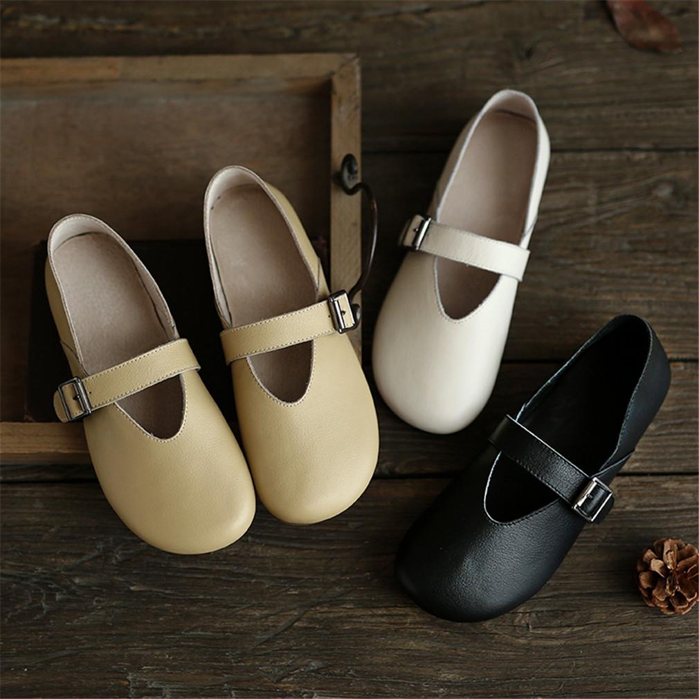 Handmade Women's Calf Leather Mary Jane Shoes Round Toe  Soft Sole Buckle Slip On Black/Beige/Faint Yellow