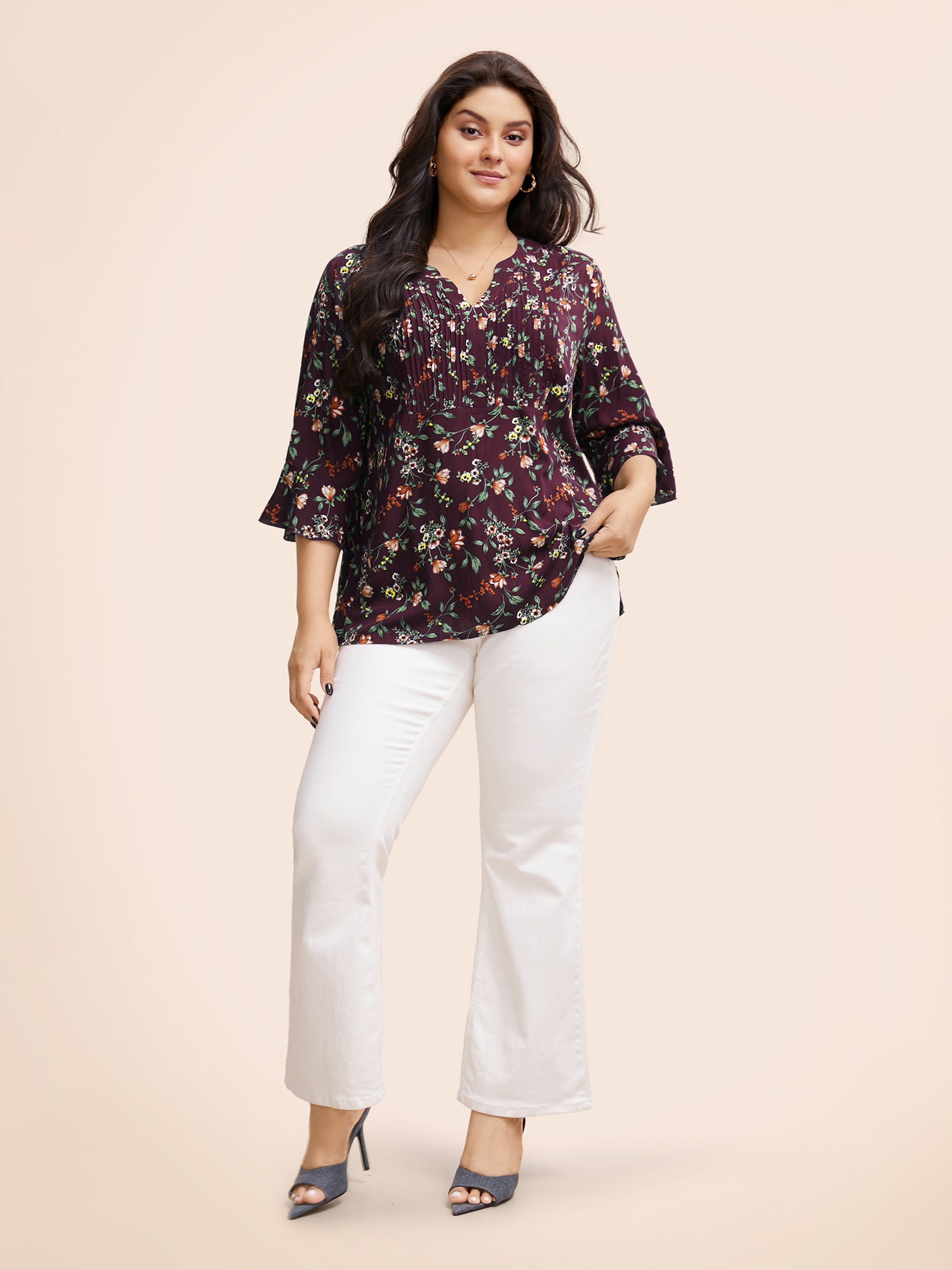 Ditsy Floral Pleated Flutter Sleeve Blouse