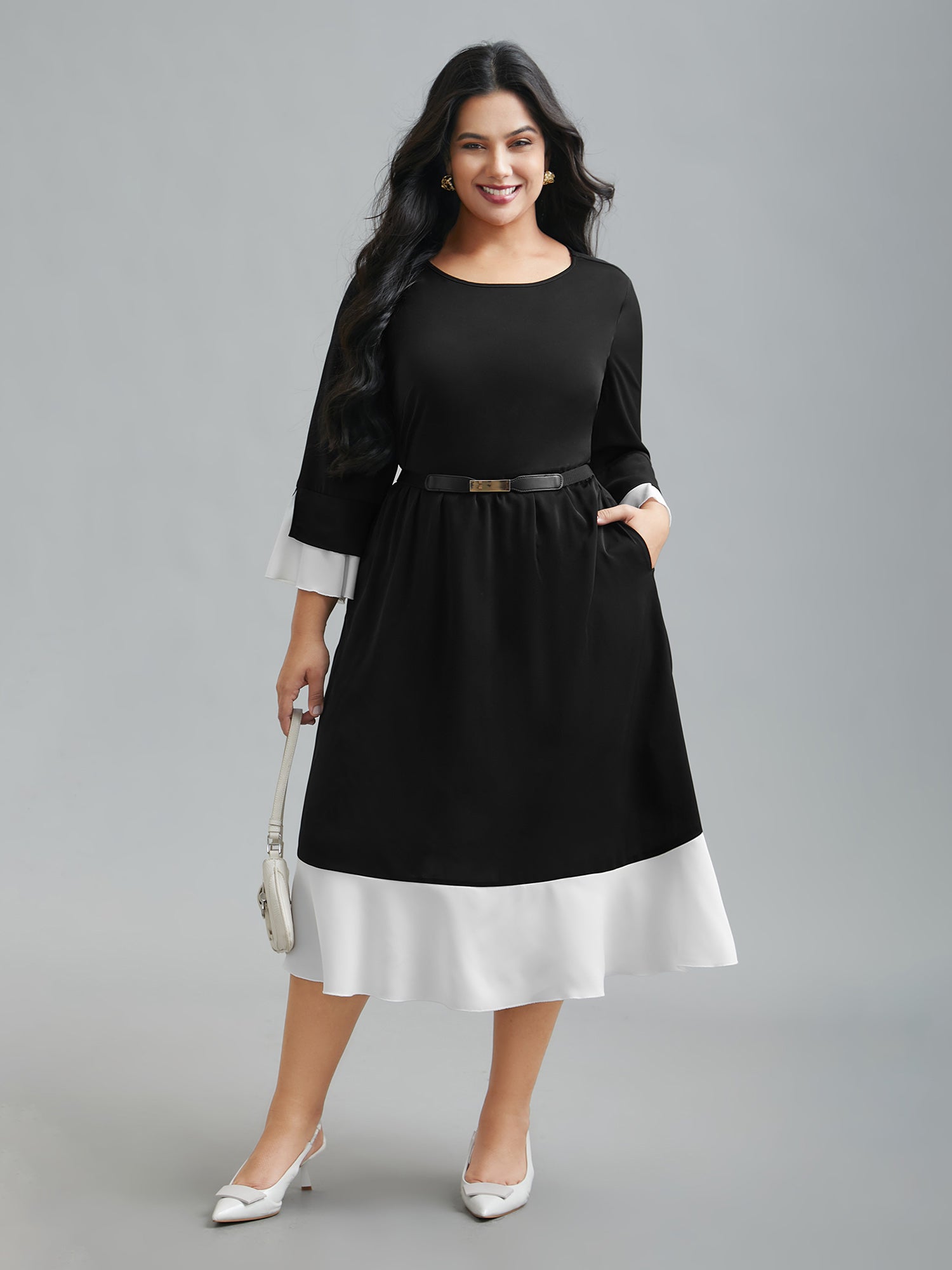 Color Contrast Tiered Skirt Pocket Midi Dress