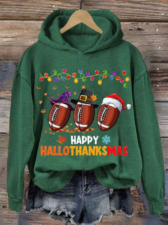 Women's Happy Hallothanksmas Football Print Hoodie