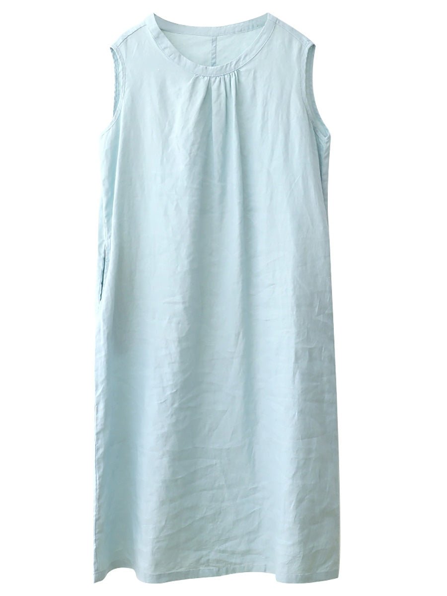 Women Summer Casual Pure Color 100%Linen Vest Dress