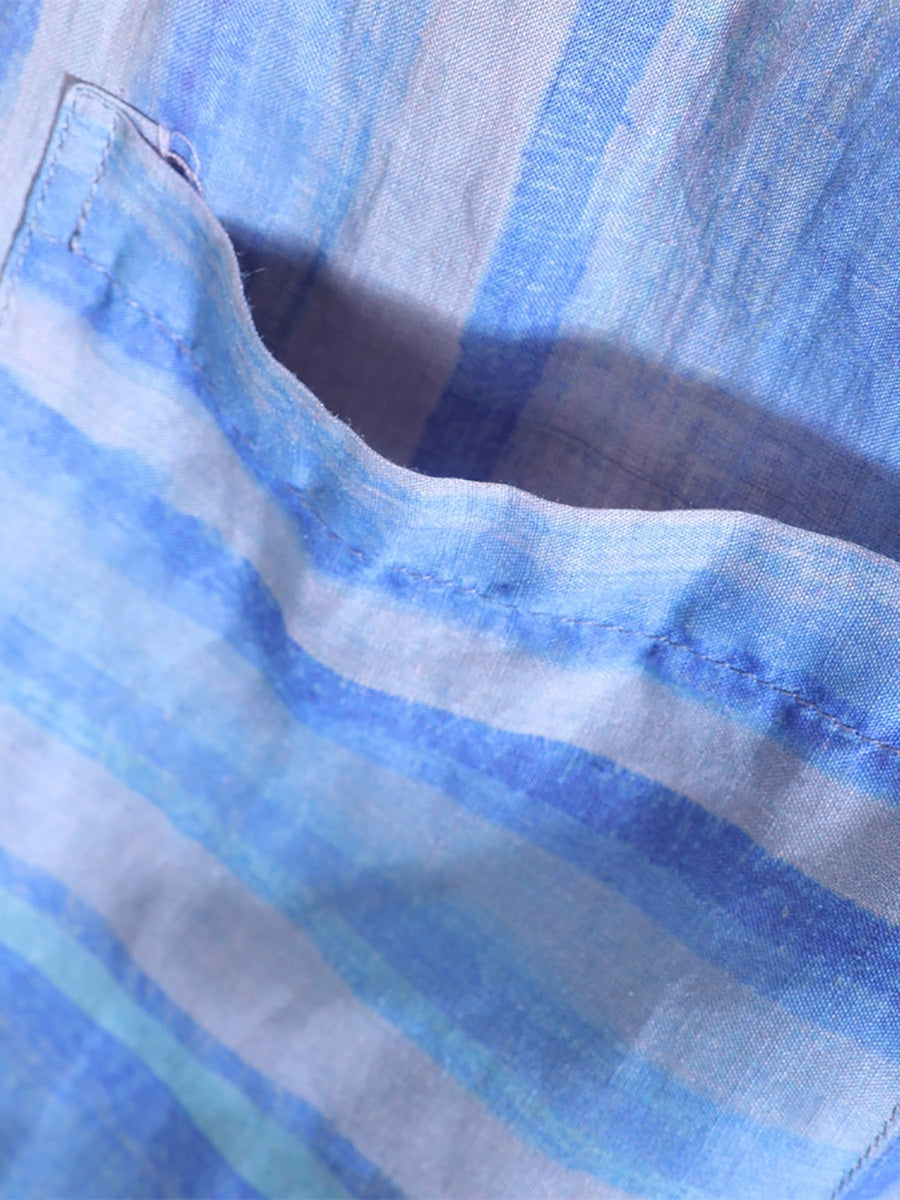 Women Summer Artsy Stripe Turn-down Collar 100%Ramie Shirt