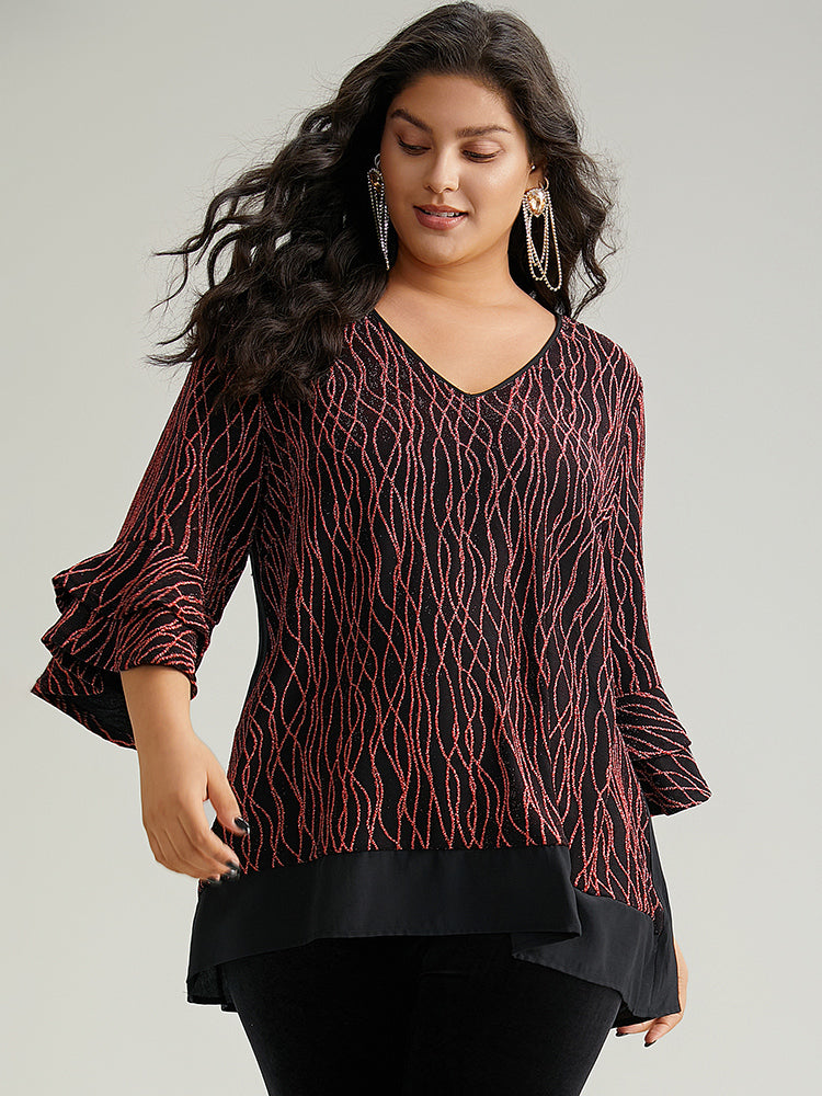 Lurex Layered Ruffle Sleeve Patchwork Blouse