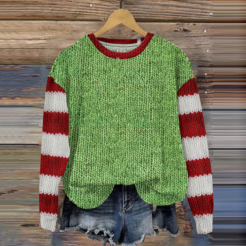 Christmas Contrast Stripe Print Sweater