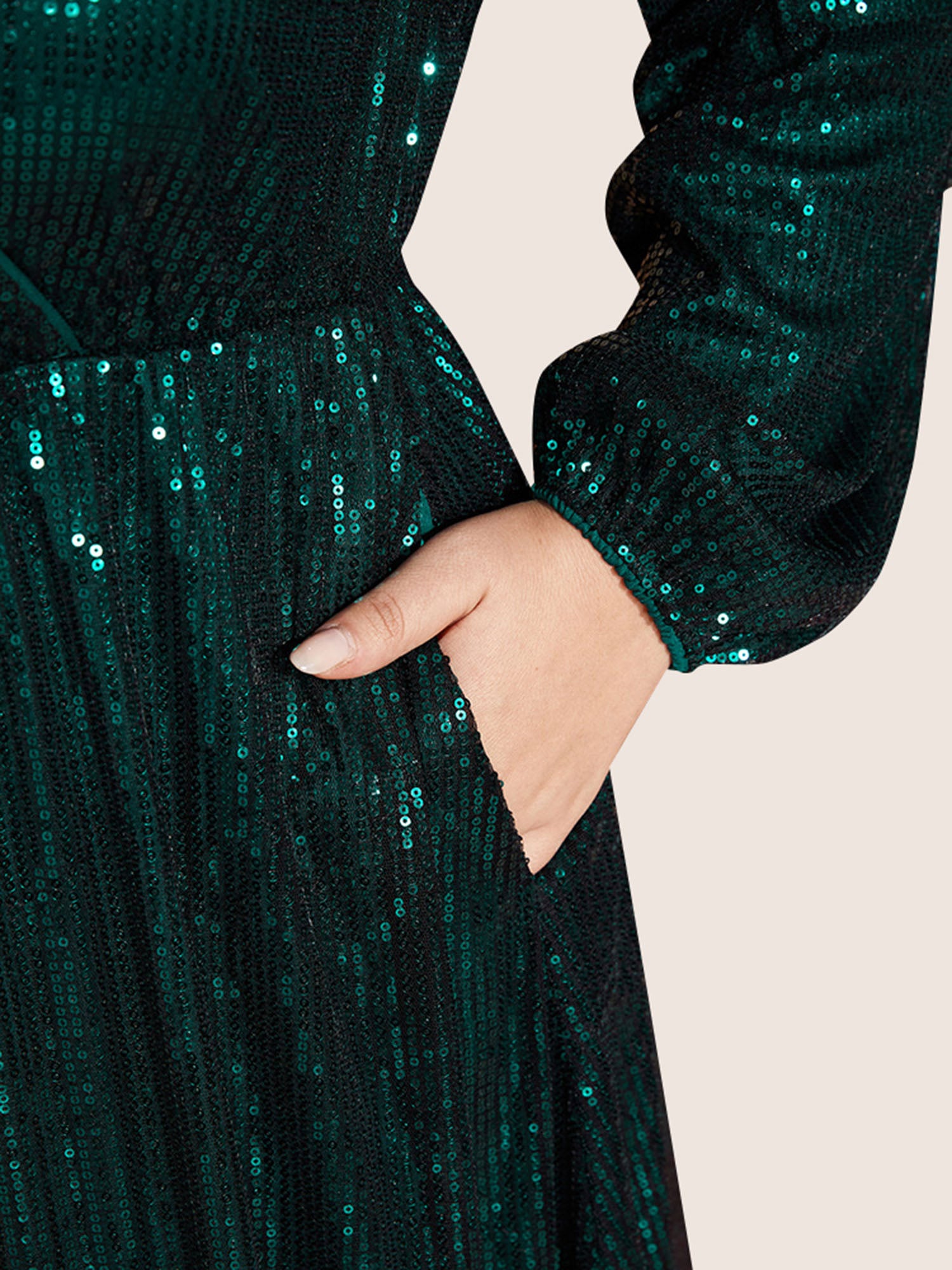 Solid Pocket Lantern Sleeve Wrap Sequin Dress