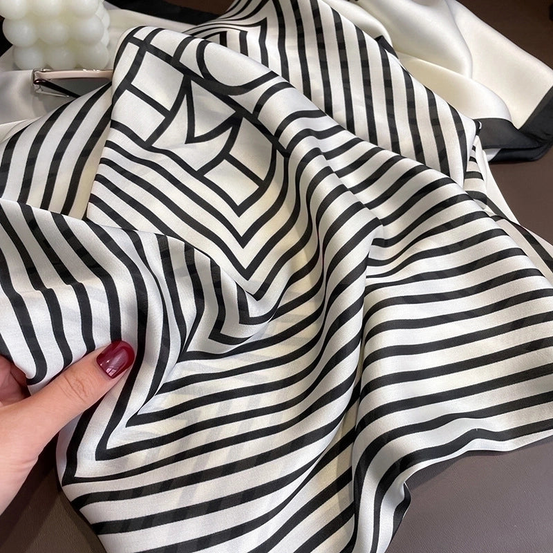 Fashion Light Luxury 90cm Simulation Silk Scarf Simple Striped Large Square Scarf