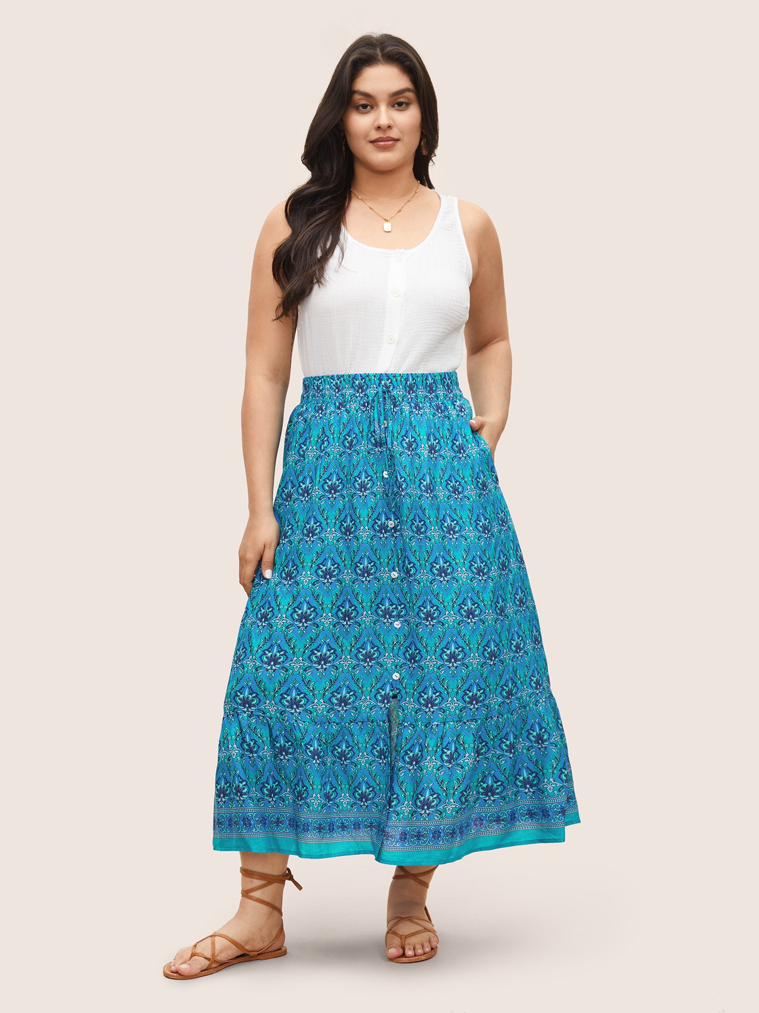 Boho Print Elastic Waist Button Detail Skirt