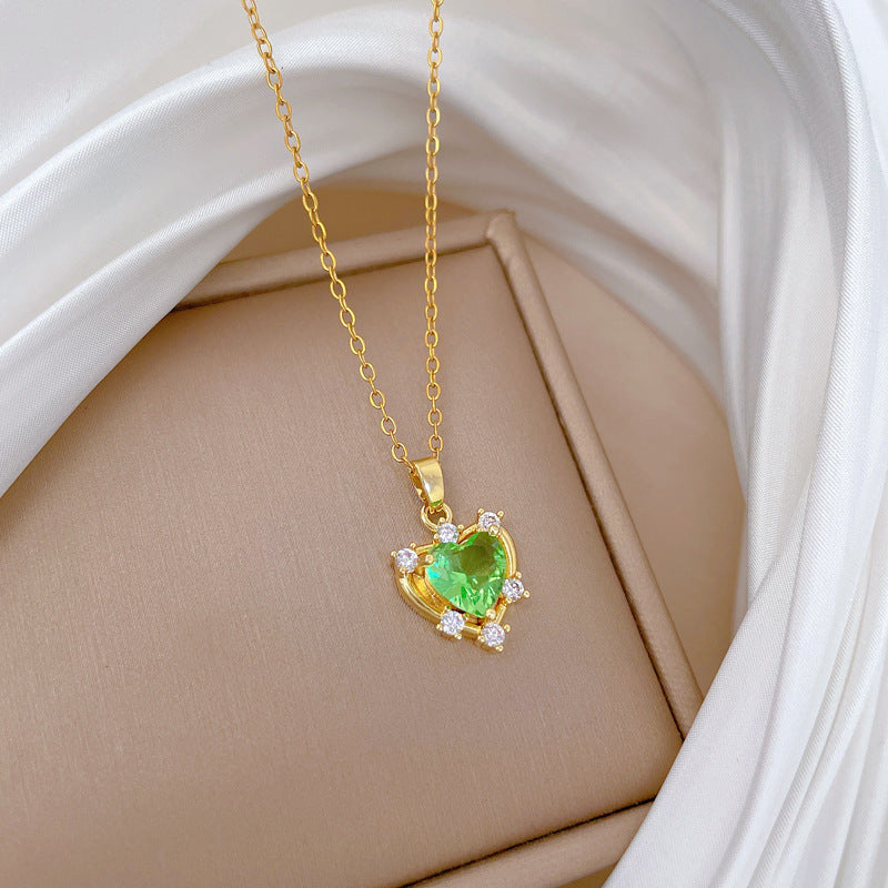 Green Love Zircon Gorgeous Full Diamond Necklace Female Versatile Clavicle Chain Titanium Steel Chain