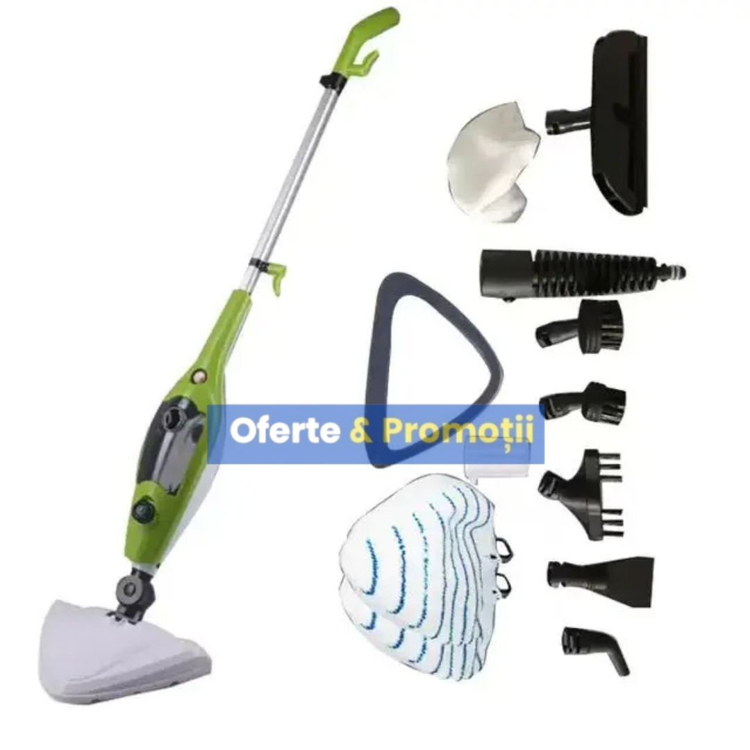 MOP CU ABURI H2O MOP X10 - CURATARE FARA EFORT PENTRU GEAMURI. PARCHET SI MULTE ALTE SUPRAFETE - PUTERE UIMITOARE DE 1475 W. OPRIRE AUTOMATA. INCALZIRE RAPIDA IN 1 MINUT - IDEAL PENTRU REZIDENTE