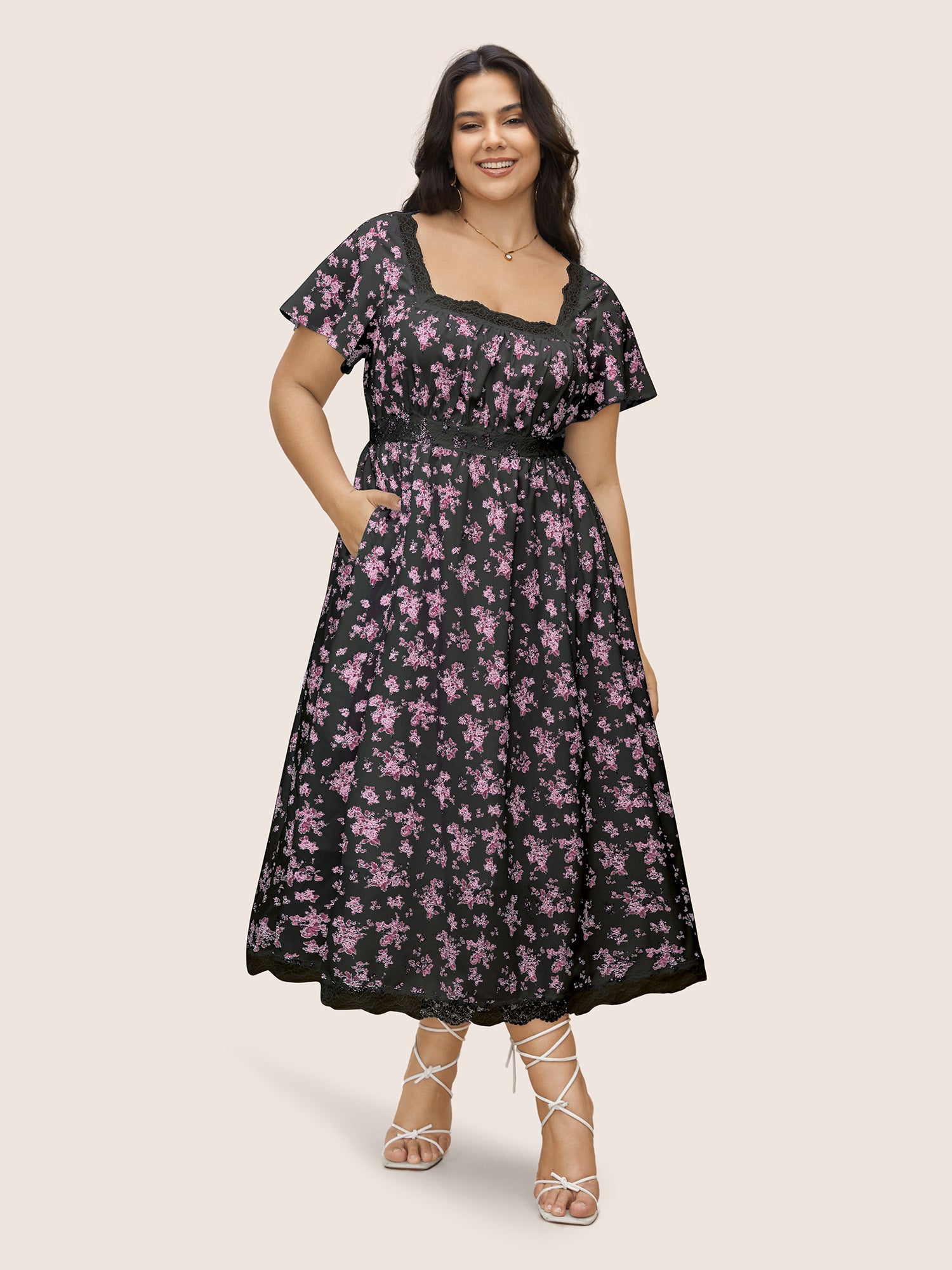 Square Neck Lace Panel Pocket Dress