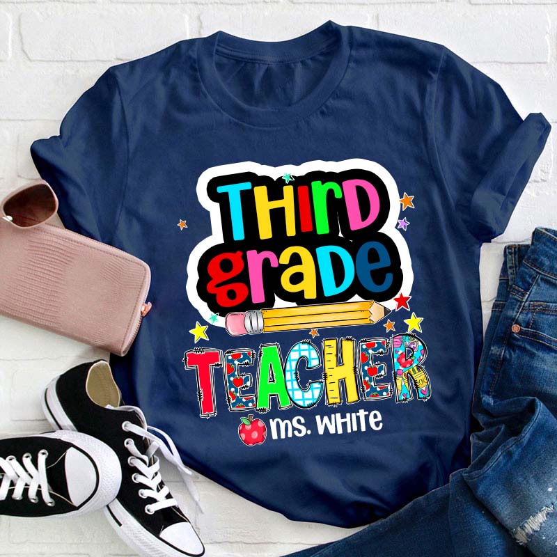 Personalized Grade And Name Color Pencil Stars Red Apple Teacher T-Shirt