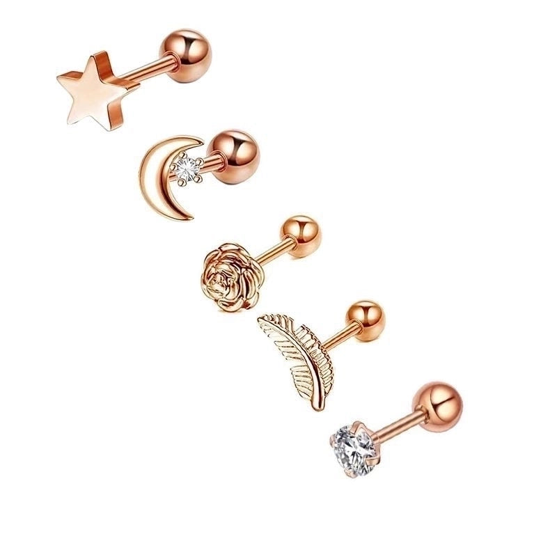Minimalist Heart Shape Stainless Steel Plating Zircon Ear Studs 5 Piece Set
