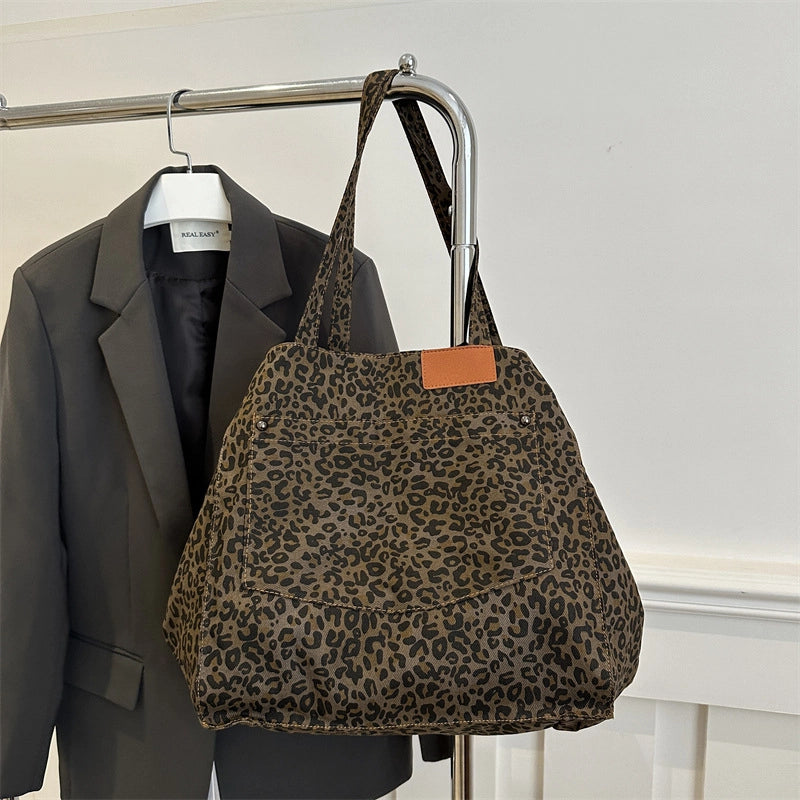 Women's Canvas Leopard Classic Style Sewing Thread Bucket Open Tote Bag