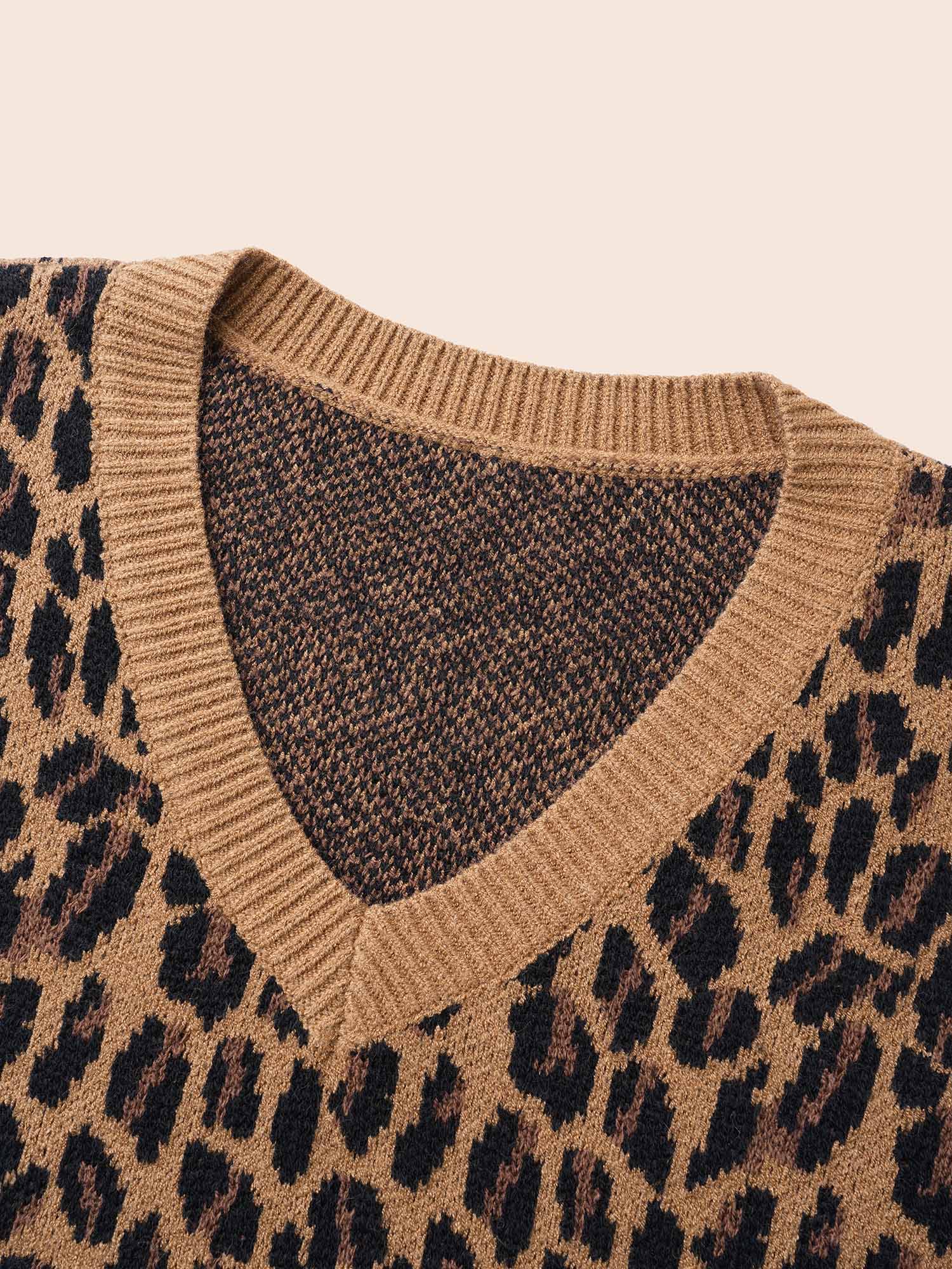 V Neck Leopard Print Jacquard Pullover