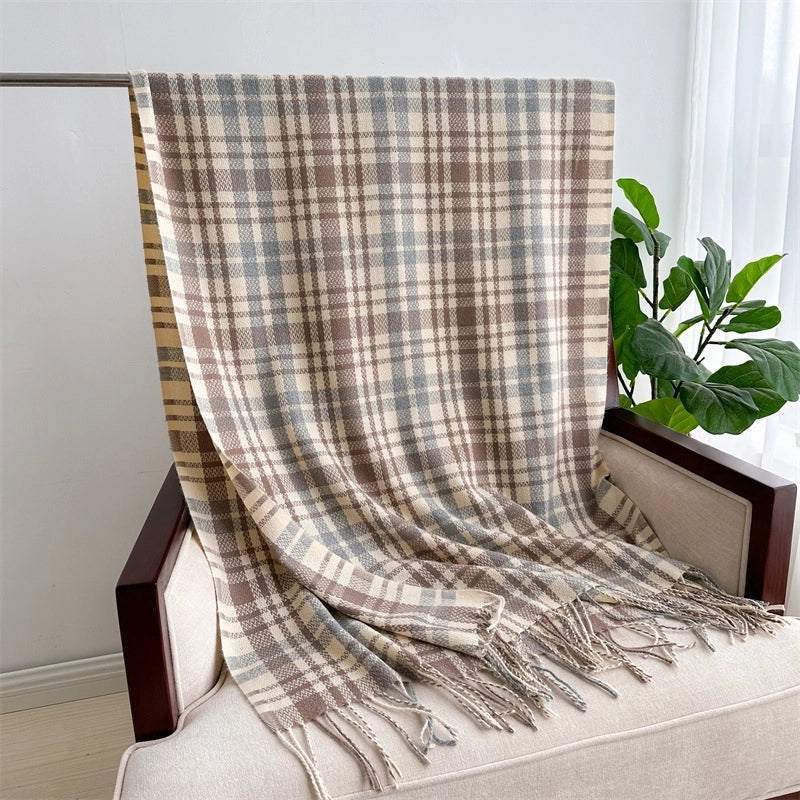 Autumn And Winter Plaid Artificial Cashmere Scarf Stylish Simple And Versatile Warm Scarf Ladies Tassel Shawl