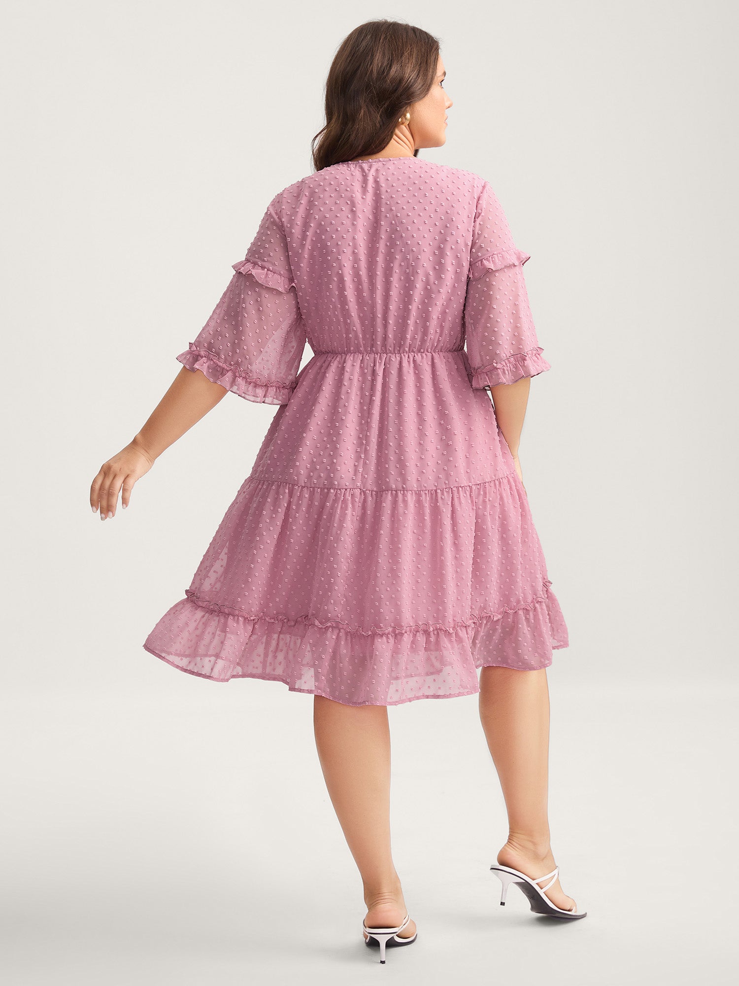 Textured Ruffled Trim Surplice Midi Dress