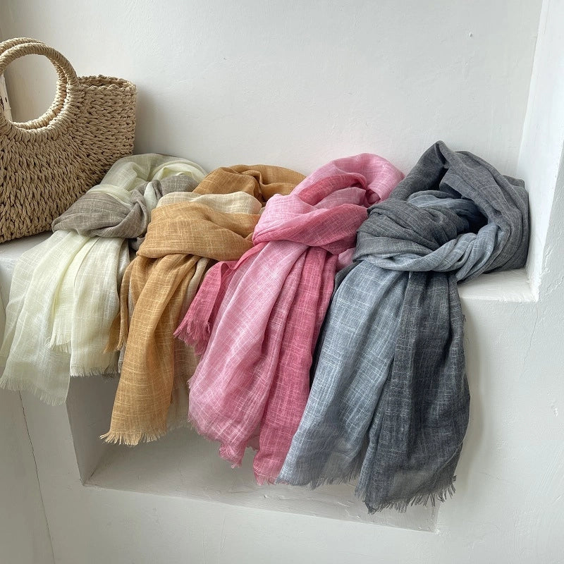 Elegant Contrast Color Artistic Scarf Women's Mori Cotton Linen Spring And Summer Thin Long Gradient Silk Scarf Neck Protecting Shawl Women