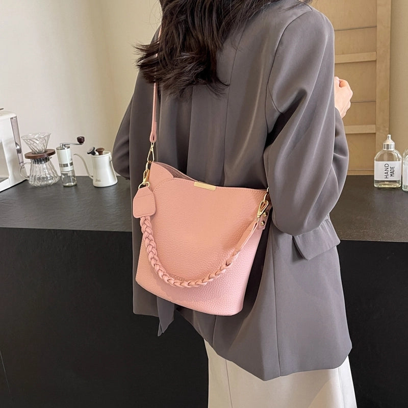 Women's Medium Pu Leather Solid Color Classic Style Sewing Thread Magnetic Buckle Bucket Bag