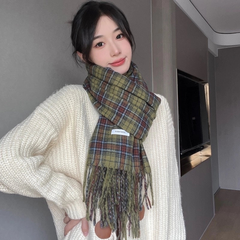 Autumn And Winter Vintage Forest Green Plaid Tassel Scarf Lengthened Warm Student Shawl Couple Scarf