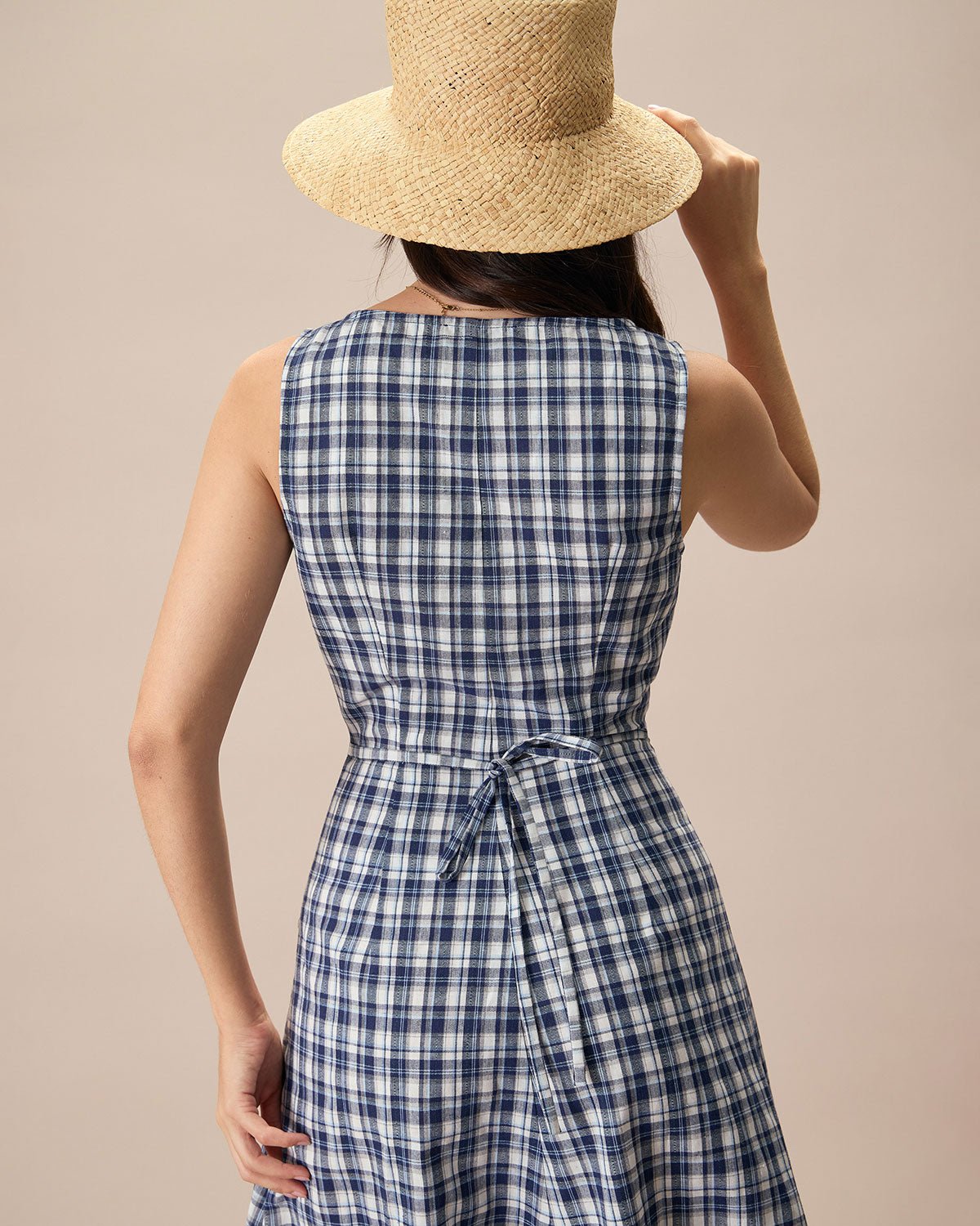 The Blue V Neck Plaid Button Cotton Midi Dress