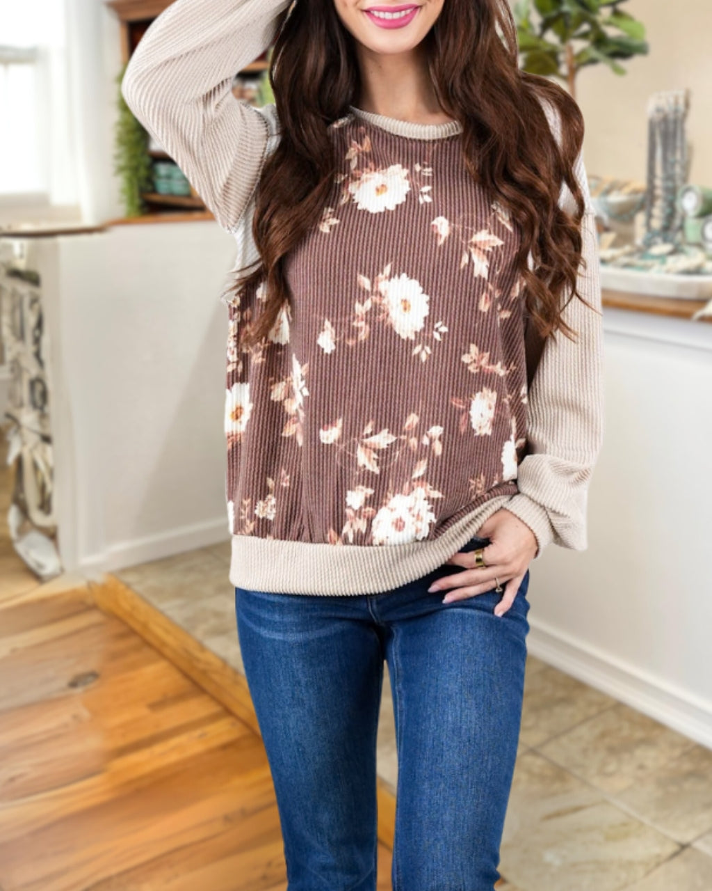 Twisted Ribbed Floral Pullover