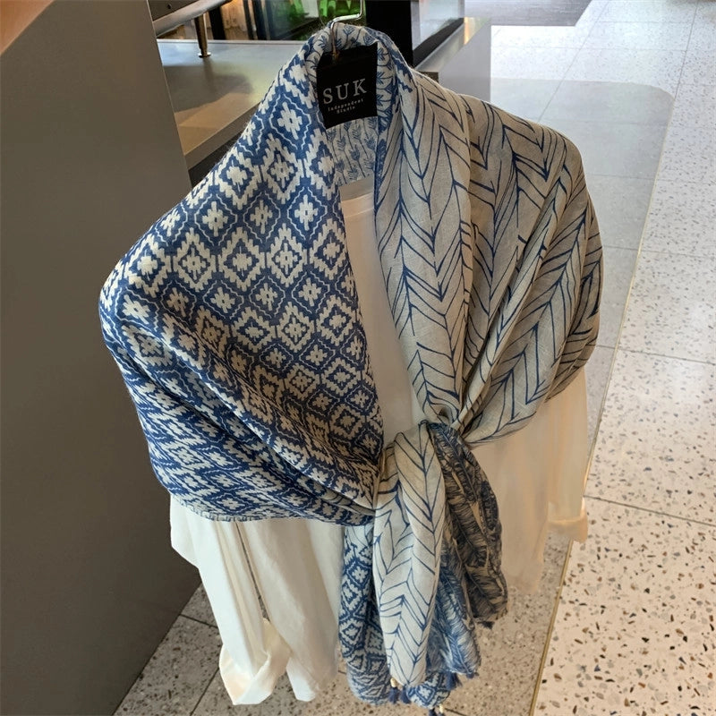 Women's Silk Scarf Summer Versatile Thin Scarf Cotton And Linen Scarf Blue Feather Tassel Beach Towel Sunscreen Shawl