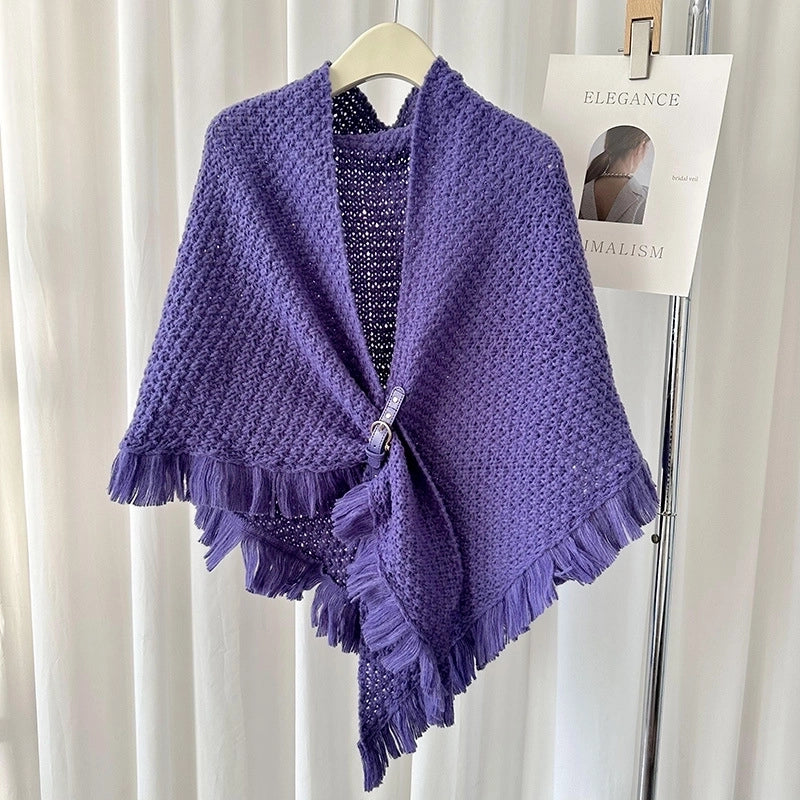 Autumn And Winter New Tassel Cape Shawl Versatile Thick Warm Neck Protection Solid Color Knotted Scarf Outer Waistcoat