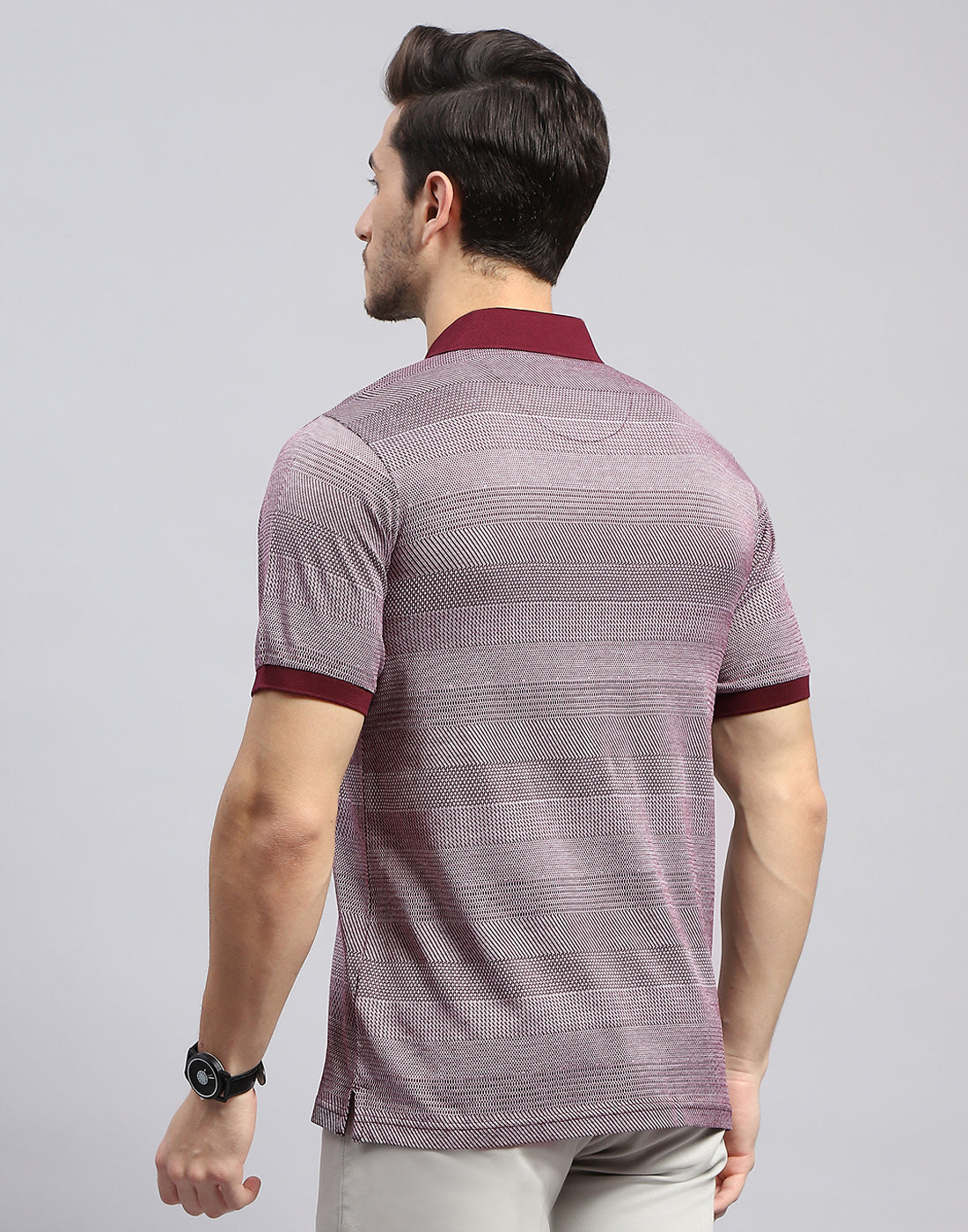 Men Maroon Self Design Polo Collar Half Sleeve T-Shirt