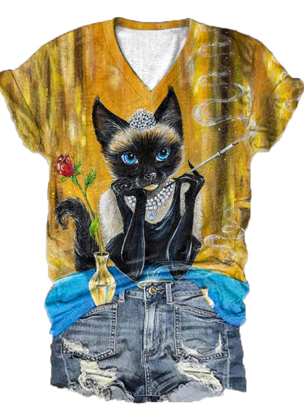 Women's Funny Cat Art Print V-Neck T-Shirt
