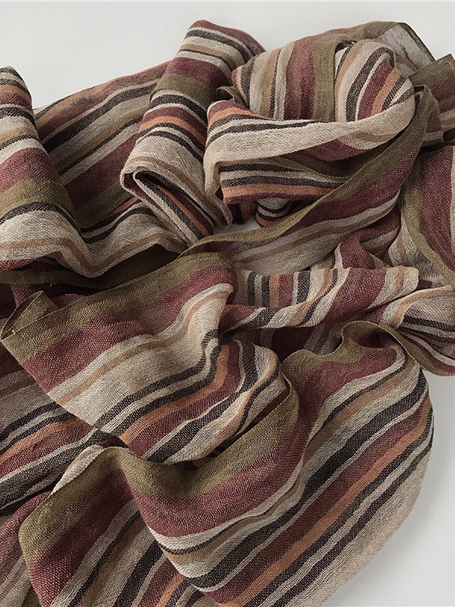 Women Vintage Colorblock Stripe Tassel Cotton Linen Scarf