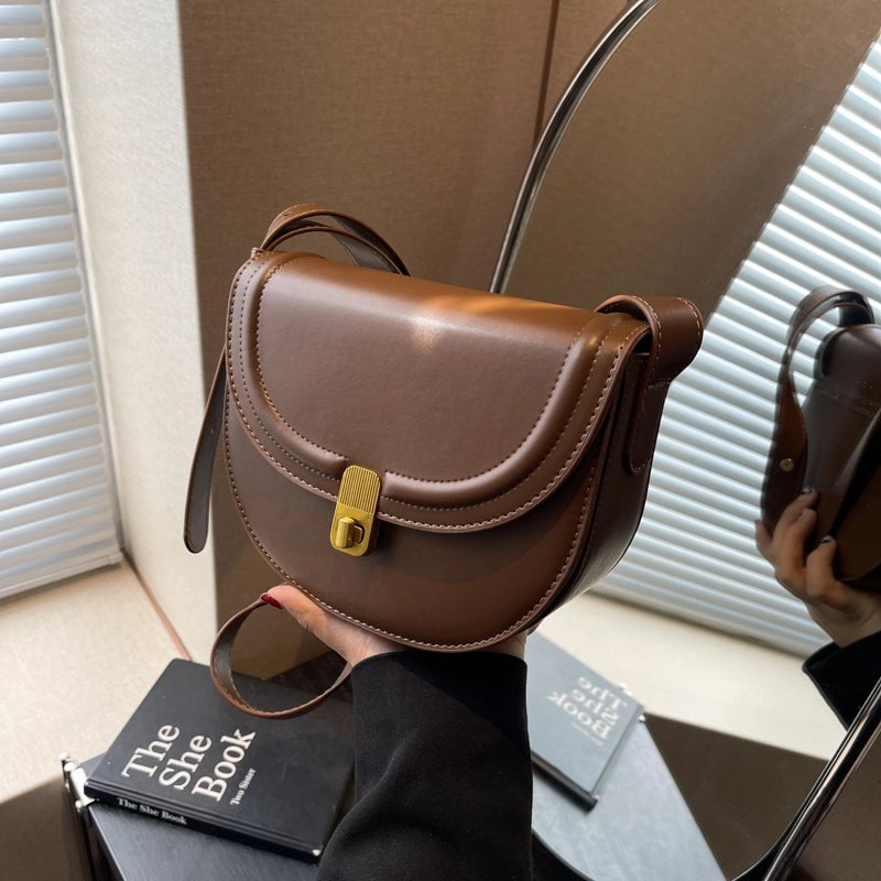 Women's Pu Leather Solid Color Vintage Style Semicircle Flip Cover Crossbody Bag