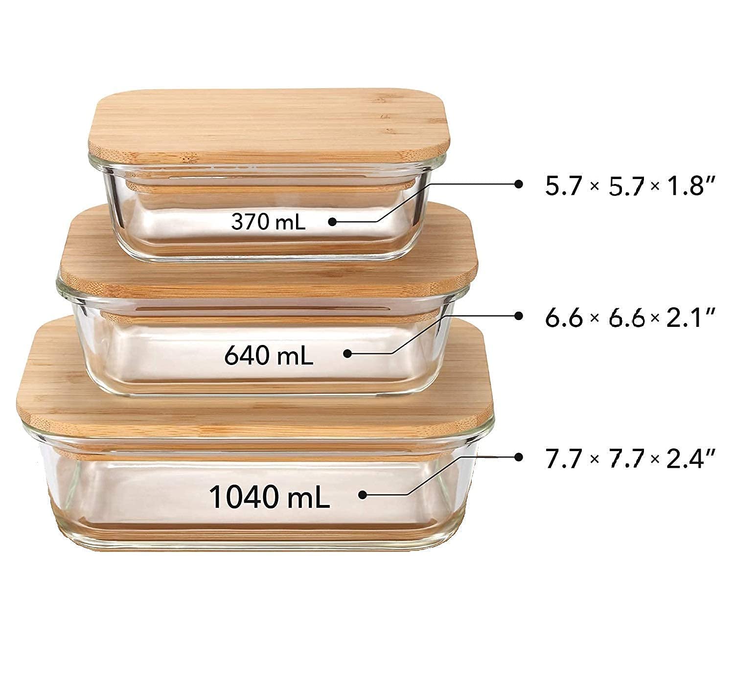 Borosilicate Glass Food Storage Containers with Wooden Lid. 3 pcs Set. Borosilicate Glass. Rectangle Shape. Transparent. Microwave Safe. 370ml. 640ml.1050ml