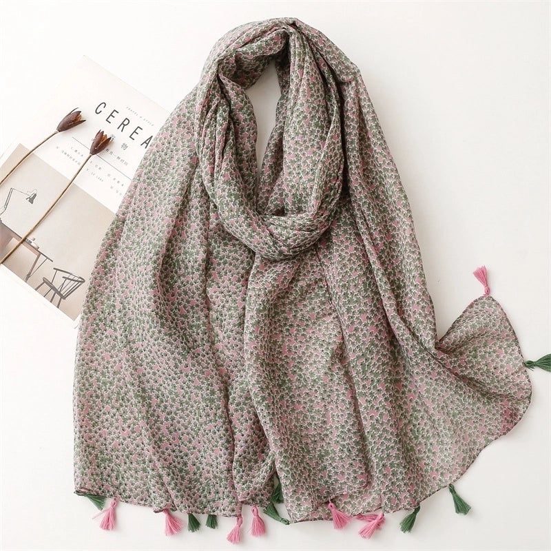 Yarn Cotton Fruit Green Bright Yellow Leaf Printing Tassel Scarf Shawl