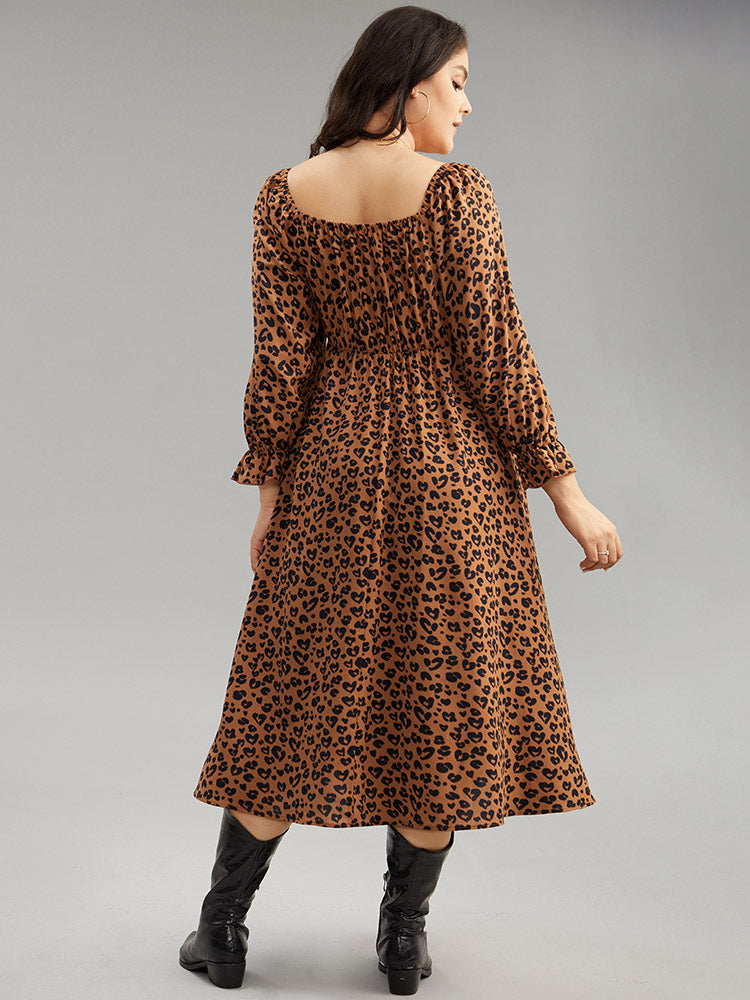 Leopard Print Shirred Square Neck Pocket Dress