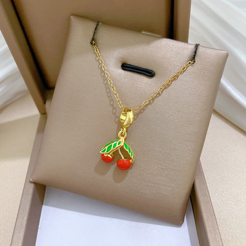 Green Leaf Cherry Oil Drop Fashion Gorgeous Full Diamond Necklace Women'S All-Match Clavicle Chain Titanium Steel