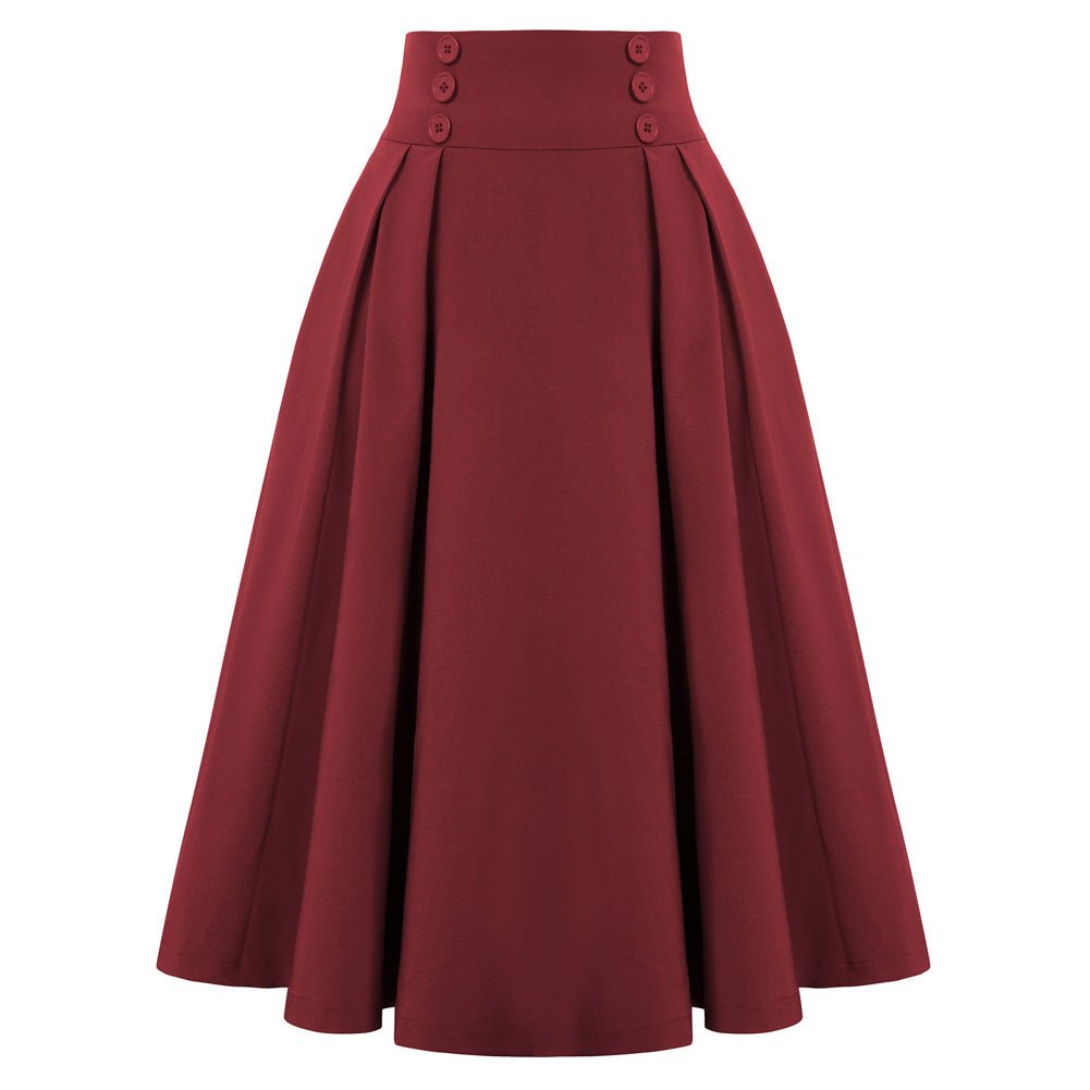 Leaf Patterns Pleated Buttons Decorated Elastic Waist High Waist Swing A-Line Skirt with Pockets