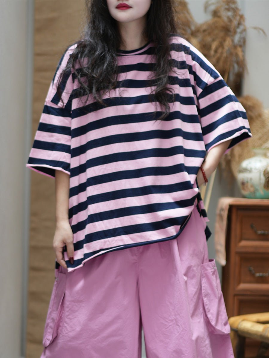Women Summer Casual Stripe Cotton O-Neck Shirt