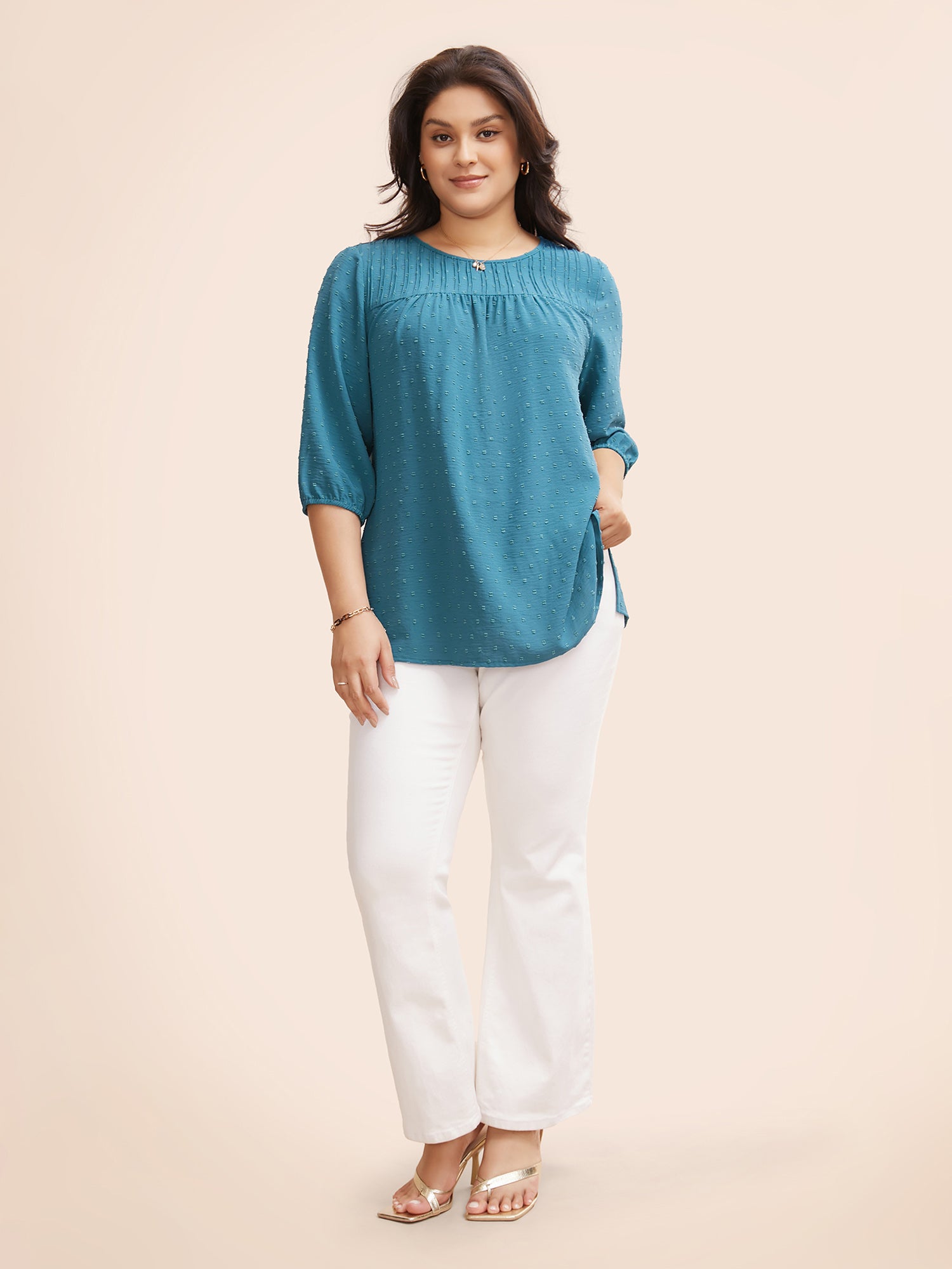 Texture Round Neck Pleated Lantern Sleeve Blouse