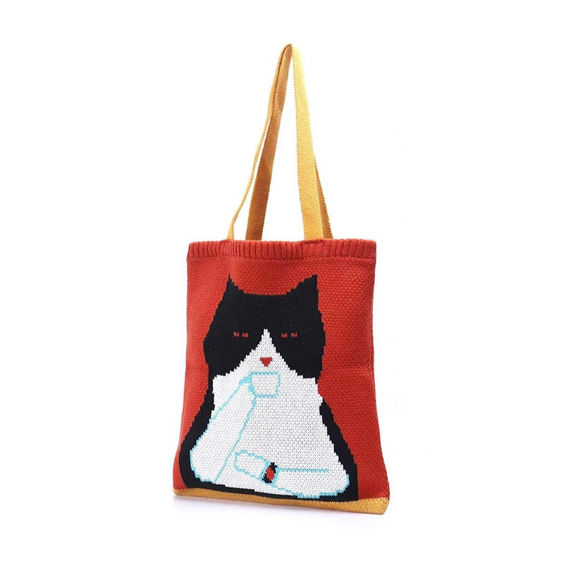 Women's Polyester Animal Cat Cute Square Open Shoulder Bag