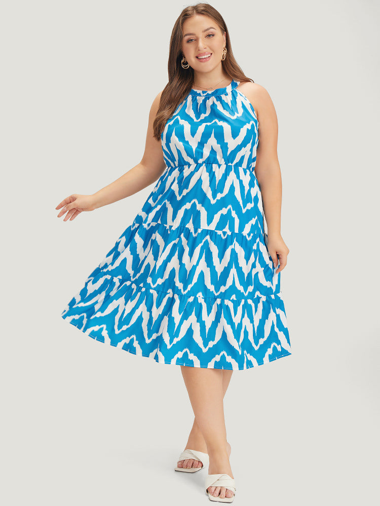 Geometric Print Halter Pocket Ruffle Tiered Dress