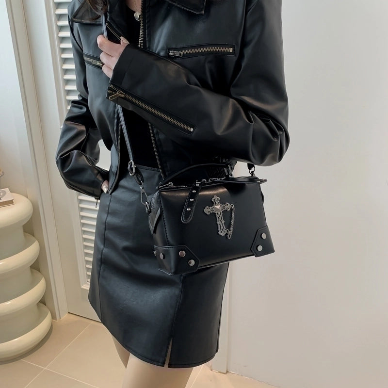 Halloween Women's Pu Leather Cross Skull Punk Sewing Thread Zipper Crossbody Bag