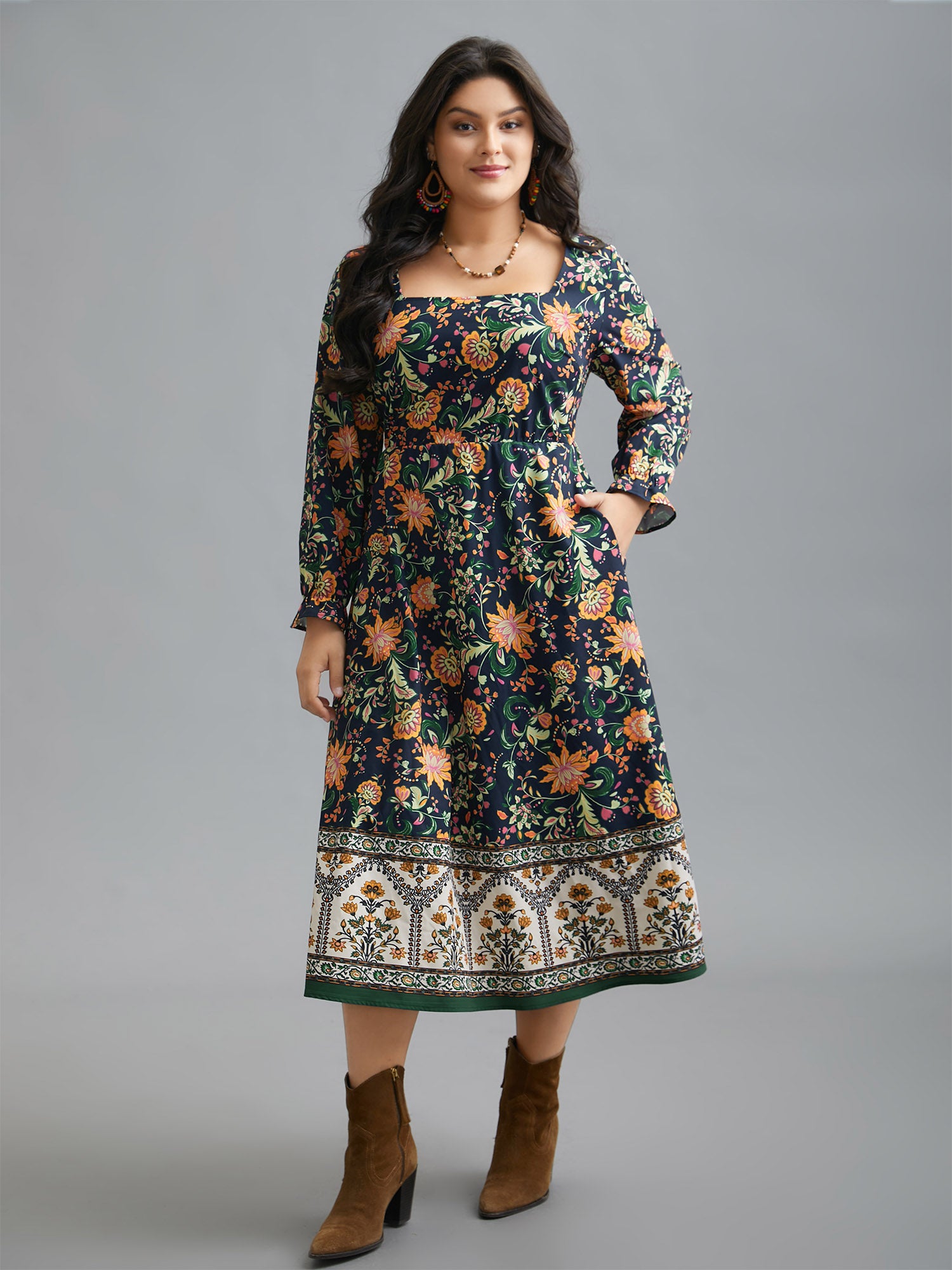 Square Neck Floral Boho Print Midi Dress