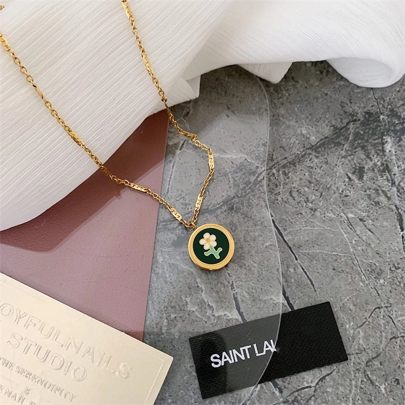 Retro Square Oval Flower Stainless Steel Plating Inlay Artificial Gemstones Zircon 18k Gold Plated Pendant Necklace