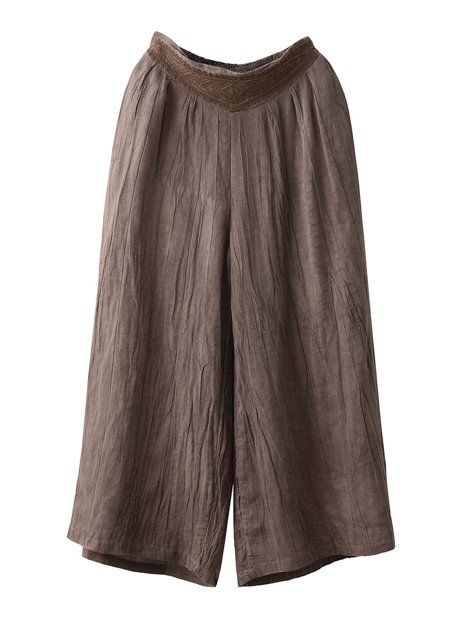 Women Summer Artsy Pure Color 100%Ramie Wide-leg Pants