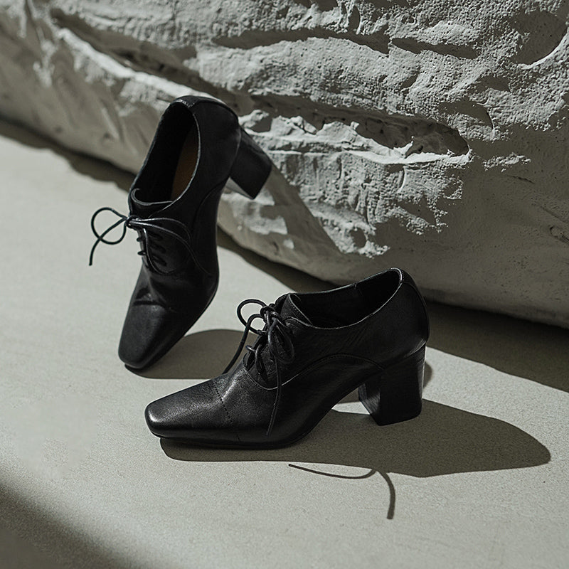 Elegant Washed Horse Leather Square Toe Lace-Up 65mm Block Heel Oxfords Grey/Black/Red